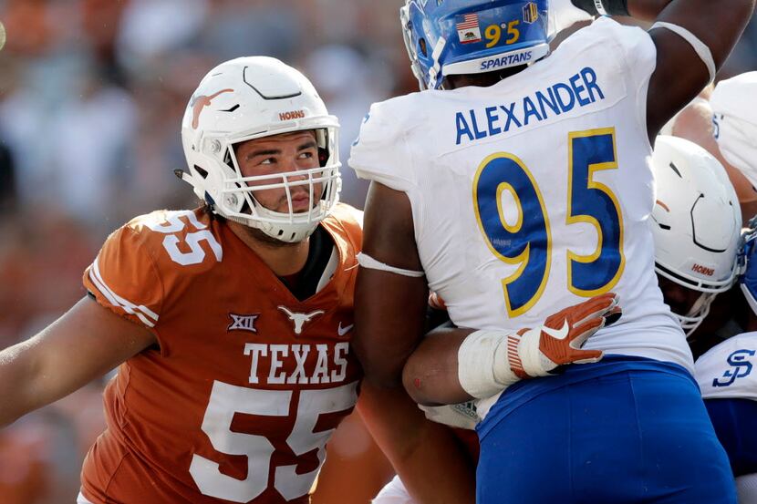 FILE - In this Sept. 9, 2017, file photo, Texas offensive lineman Connor Williams (55)...
