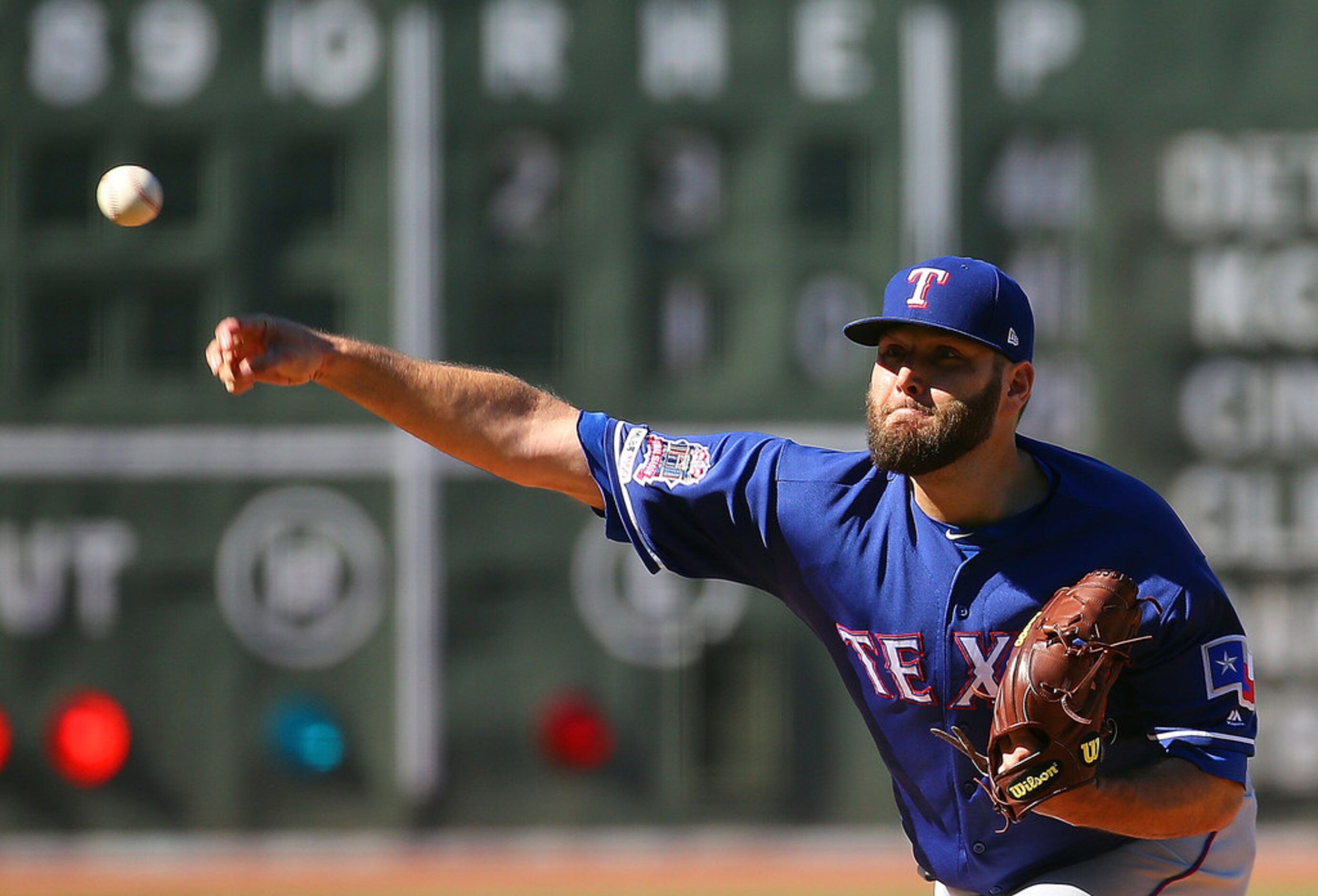 BOSTON, MA - JUNE 12: Lance Lynn #35 of the Texas Rangers pitches against Boston Red Sox in...