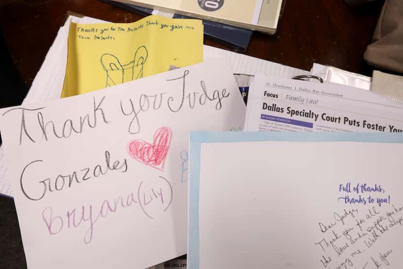 Some of the thank-you notes from children and teens to Judge Delia Gonzales. Other foster...