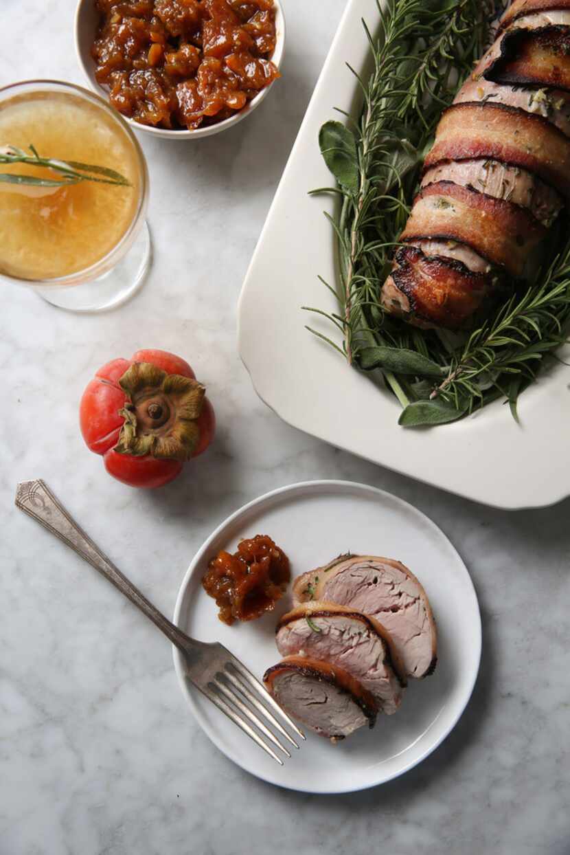 Bacon Wrapped Herbed Pork Tenderloin with Persimmon Ginger Jam and Persimmon Brandy Fizz 