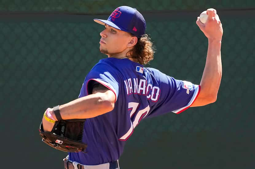 Texas Rangers pitcher Ricky Vanasco throws in the bullpen during a spring training workout...