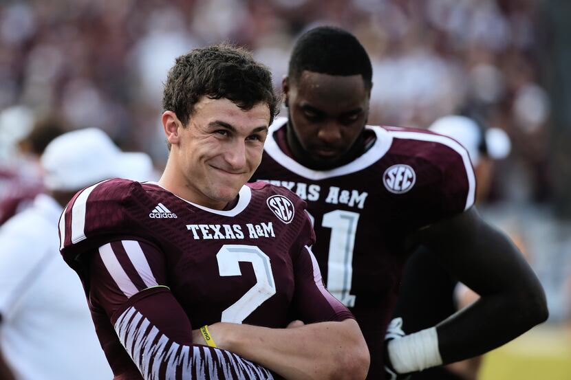 COLLEGE STATION, TX - SEPTEMBER 14:  Johnny Manziel #2 of Texas A&M Aggies waits near the...