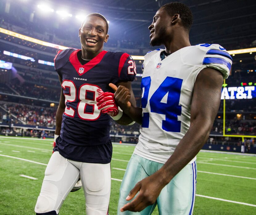 Dallas Cowboys cornerback Morris Claiborne (24) and Houston Texans running back Alfred Blue...