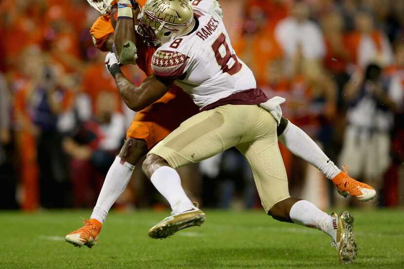 CLEMSON, SC - NOVEMBER 07:  Jalen Ramsey #8 of the Florida State Seminoles misses a tackle...