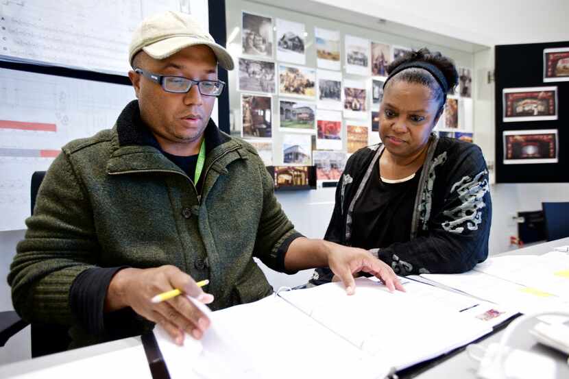 Composer/writer/lyricist Kirsten Childs, right, and director Robert O'Hara look over...