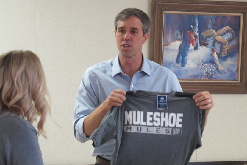 Rep. Beto O'Rourke campaigns in Muleshoe, Texas, on July 31, 2018. Hosts gave him Muleshoe...