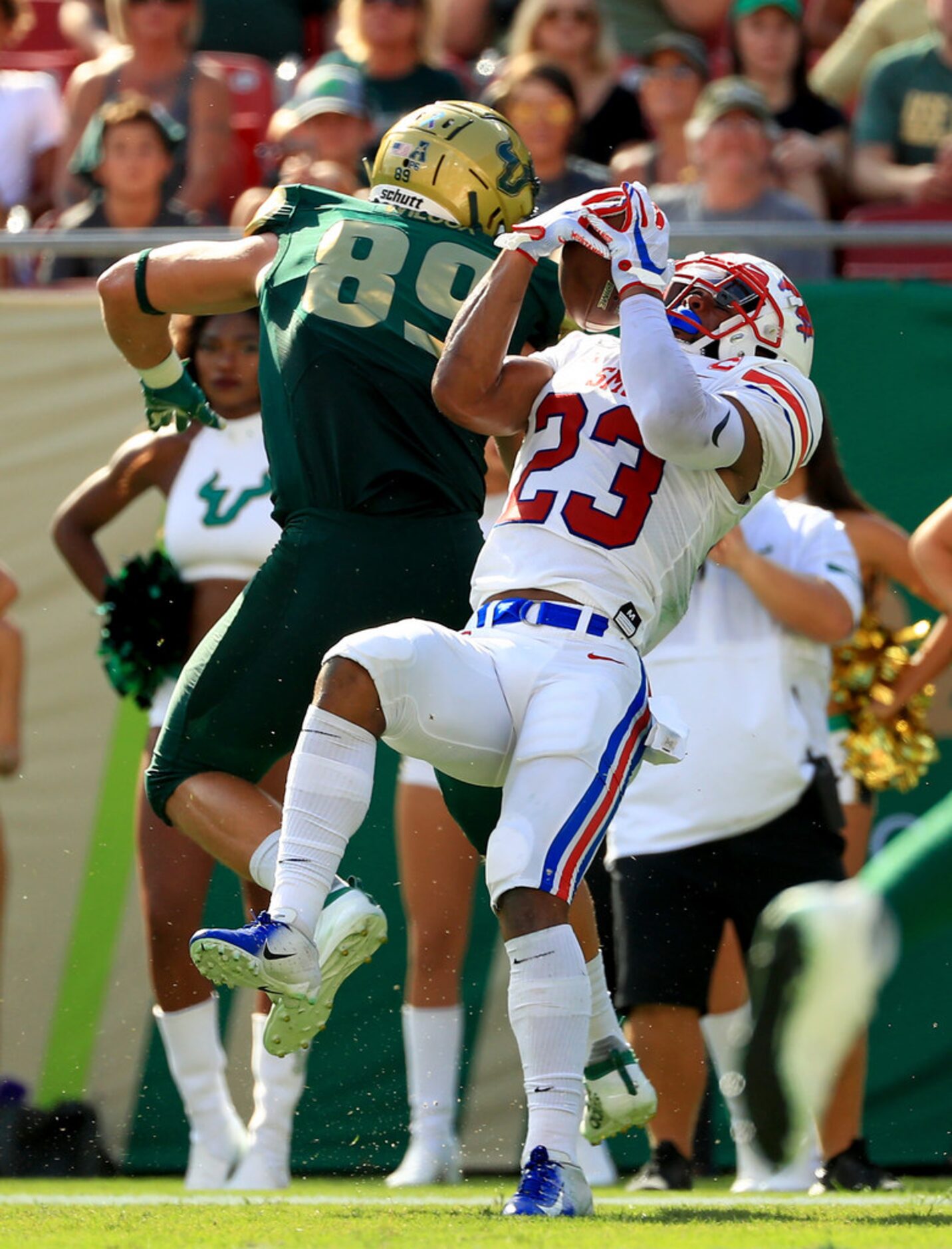 TAMPA, FLORIDA - SEPTEMBER 28: Rodney Clemons #23 of the Southern Methodist Mustangs makes...