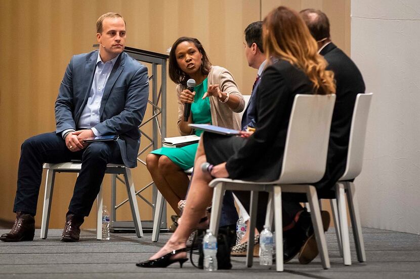 From left, Phillip Bethancourt, Trillia Newbell, Russell Moore, James Merritt and Kimberlee...