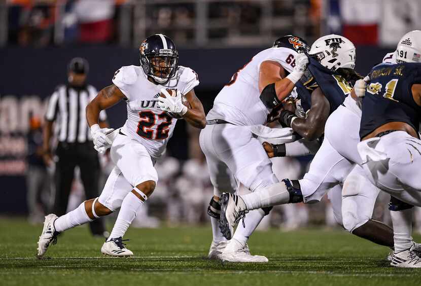 MIAMI, FL - NOVEMBER 04: Running back Tyrell Clay #22 of the UTSA Roadrunners carries during...