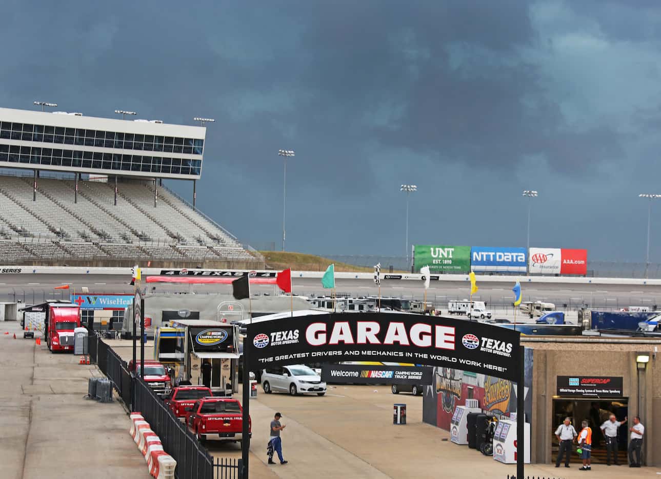 A large storm front moves in during NASCAR Camping World Truck Series practice at Texas...