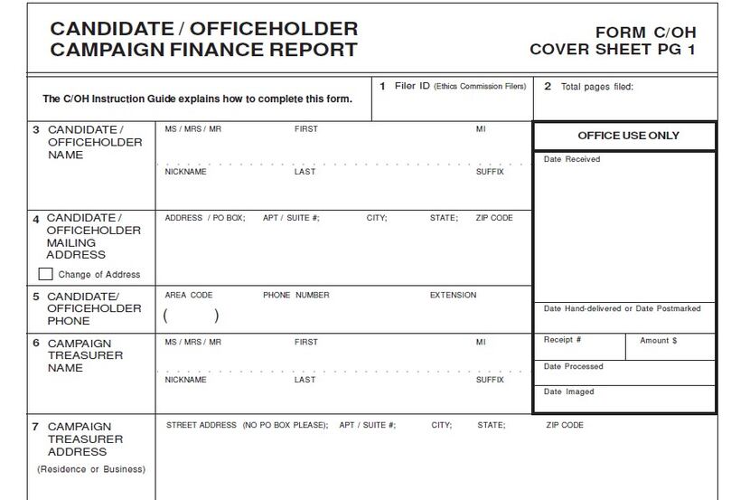 A standard campaign finance report from the Texas Ethics Commission. Officeholders and...