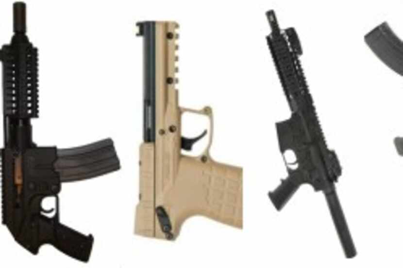  The firearms seized from the Solorzano cousins included (from left) a gas-powered Kel-Tec...