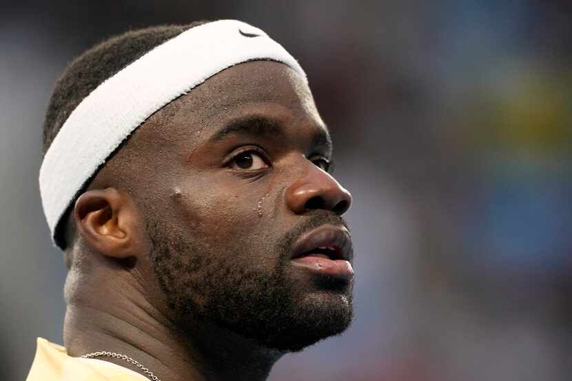 Frances Tiafoe of the U.S. reacts during his second round match against Tomas Machac of the...