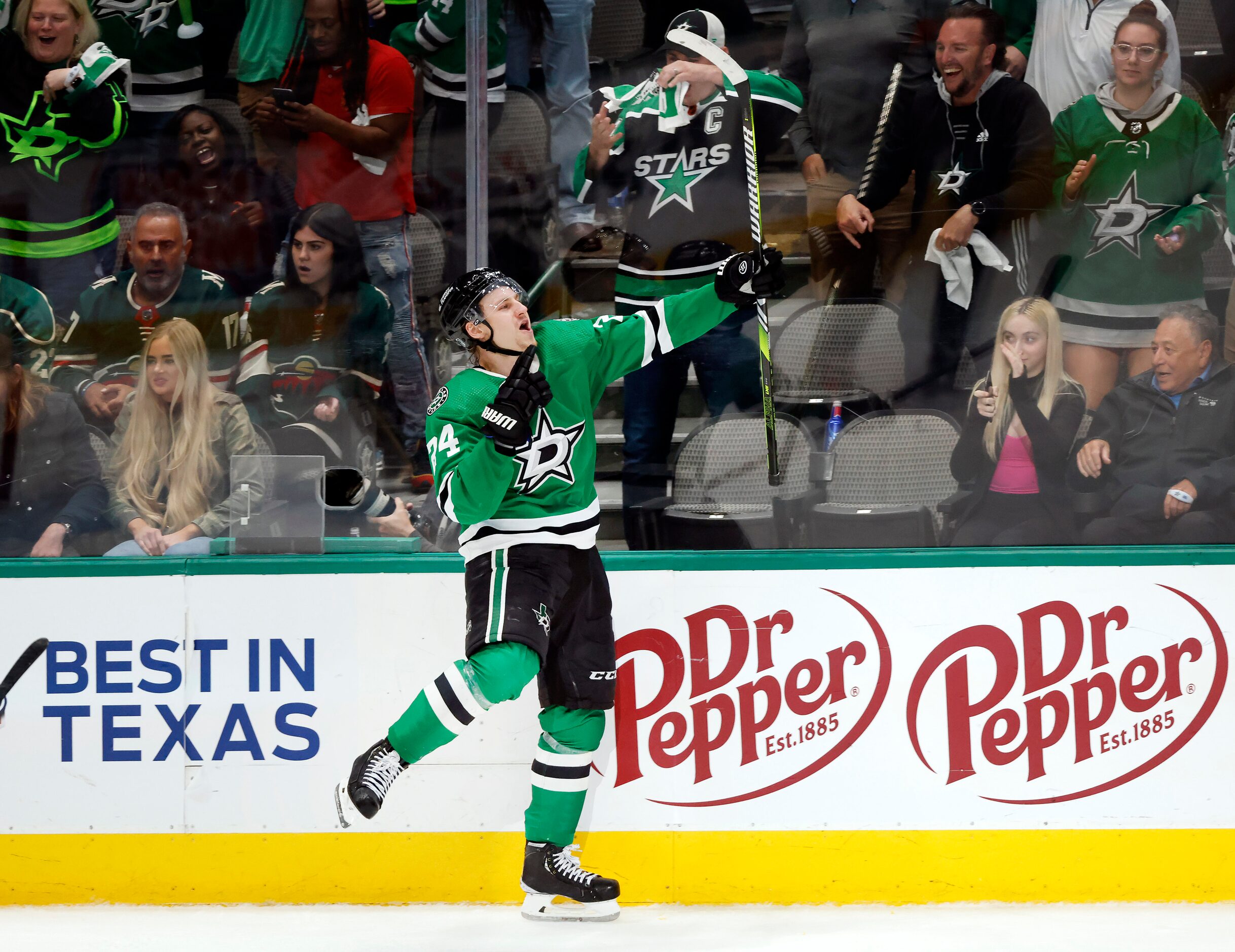 Dallas Stars center Roope Hintz (24) celebrates his second period goal against the Minnesota...