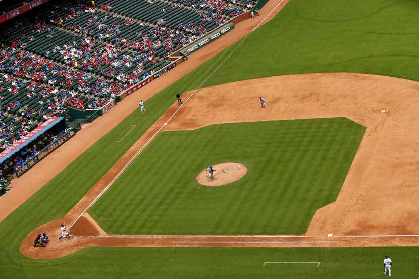 A general view of the action between the Texas Rangers and Toronto Blue Jays at Globe Life...