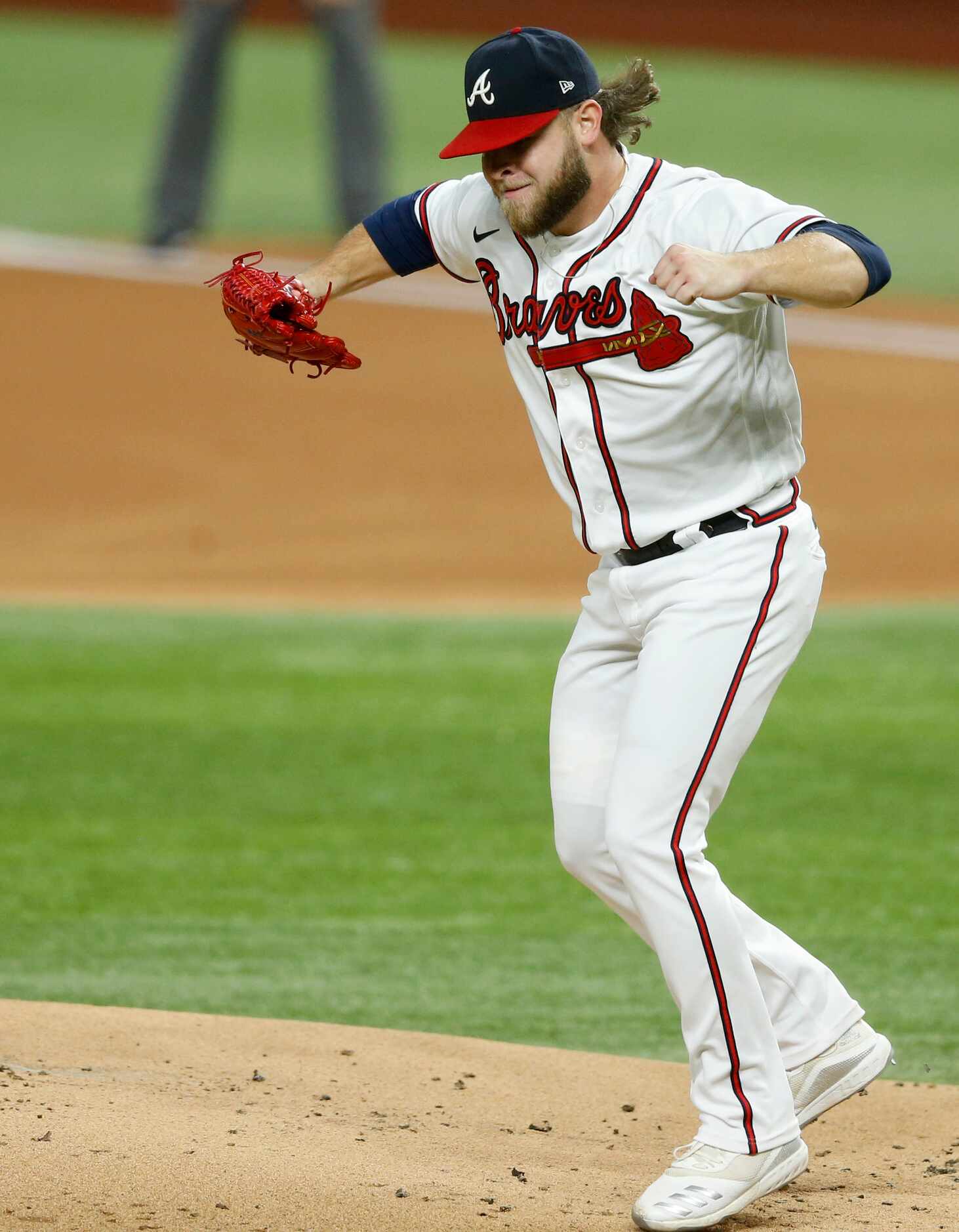 Atlanta Braves relief pitcher A.J. Minter (33) celebrates after getting the last out of the...