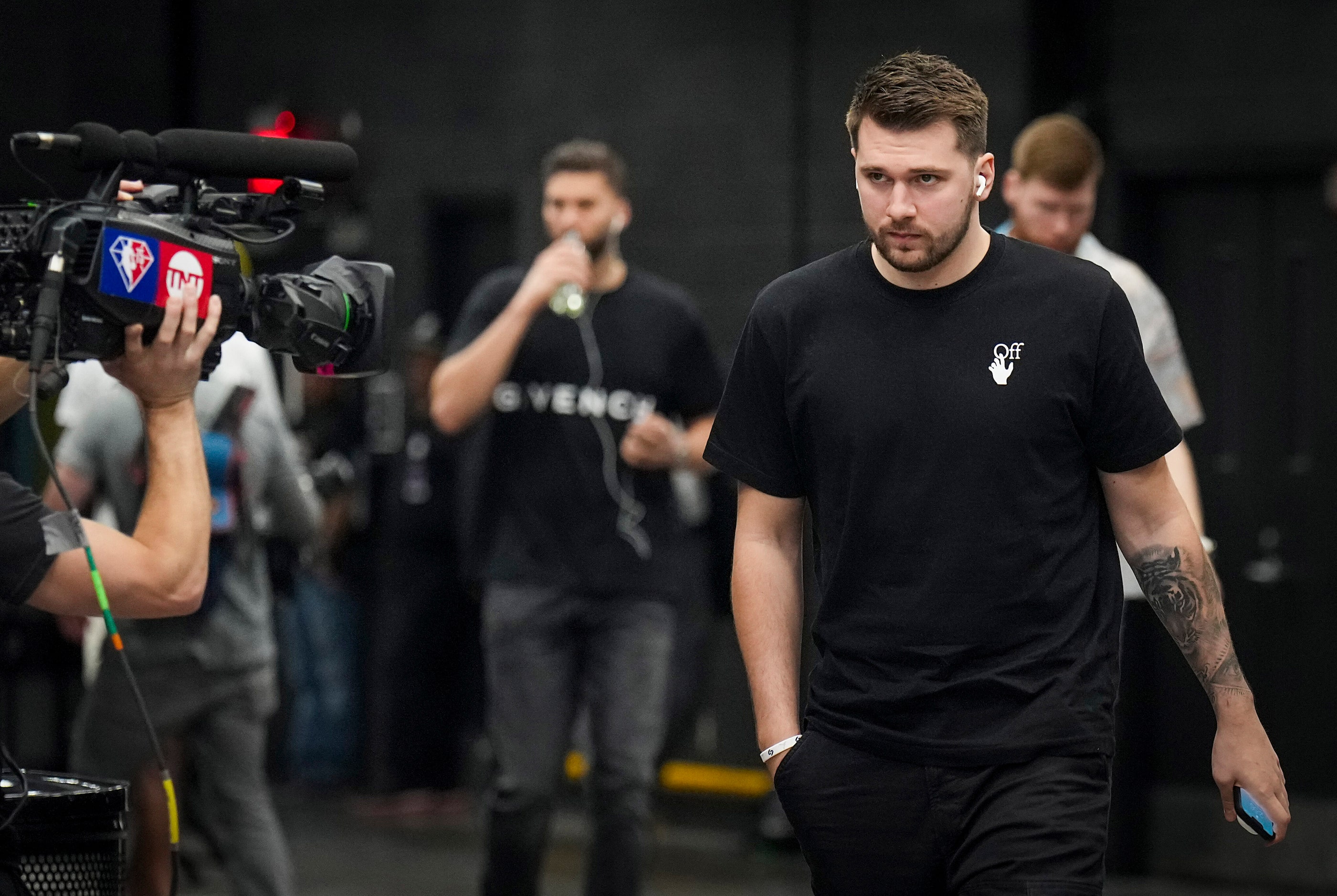 Dallas Mavericks guard Luka Doncic arrives at the arena before Game 7 of an NBA second round...