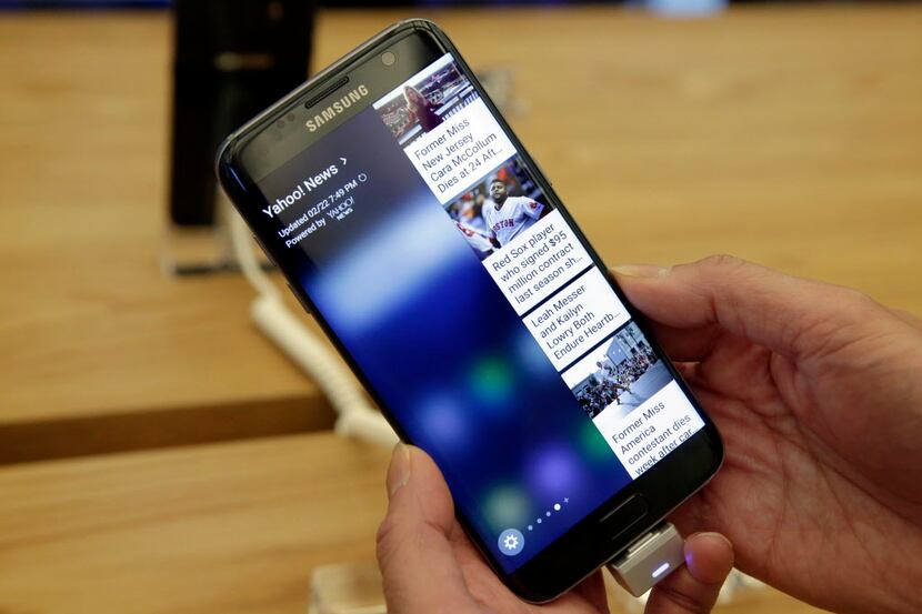A Samsung Galaxy S7 Edge mobile phone is displayed during a preview of Samsung's flagship...