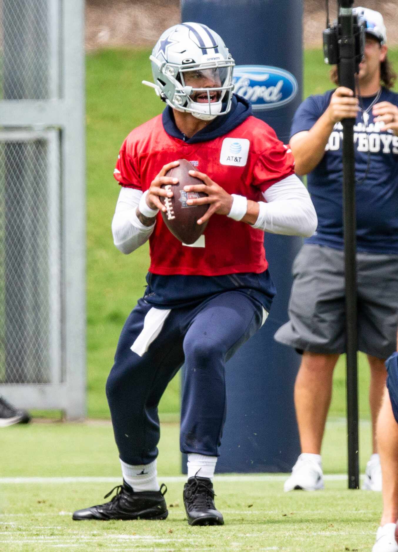 Dallas Cowboys quarterback Dak Prescott (4) participates in a drill during practice at The...