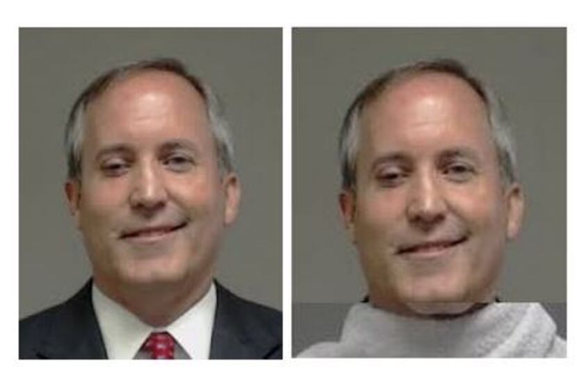  Ken Paxton's actual Collin County booking mug (left) and my (badly) doctored version that...