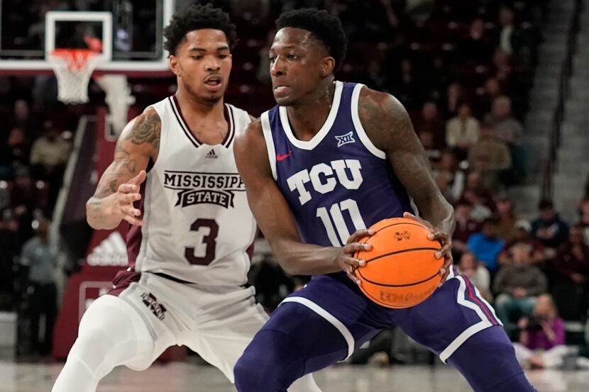 TCU guard Damion Baugh (10) is pressured by Mississippi State guard Shakeel Moore (3) during...