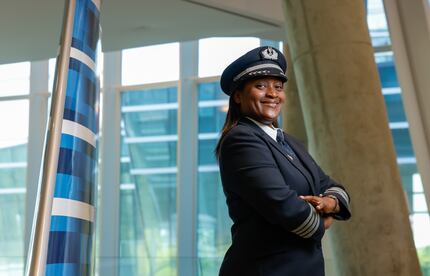 Pilot Beth Powell stands for a portrait at American Airlines headquarters in Fort Worth on...