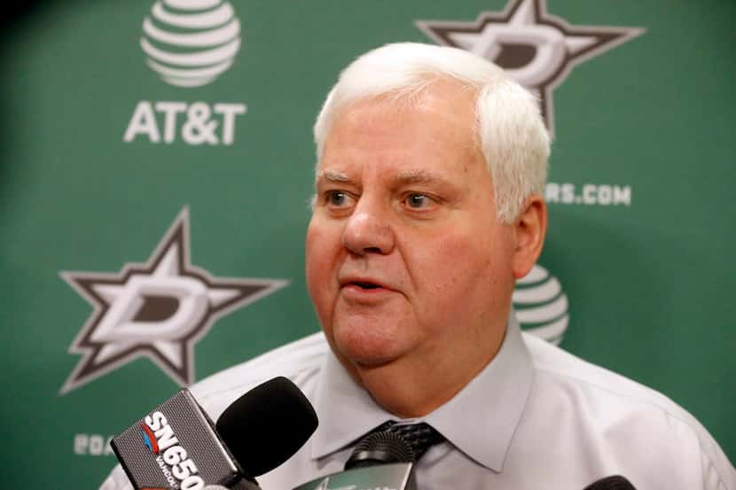 Dallas Stars head coach Ken Hitchcock talks to the media prior to an NHL hockey game against...