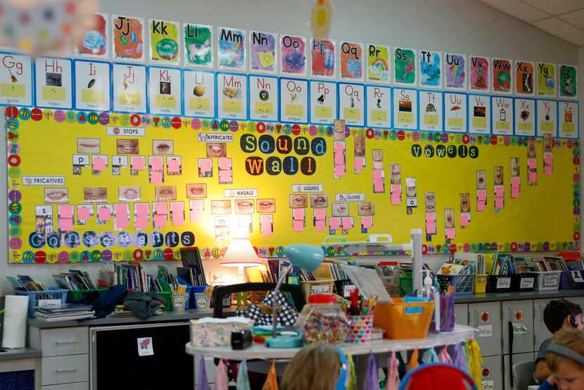 The bulletin board of a kindergarten classroom in Midlothian features different speech...
