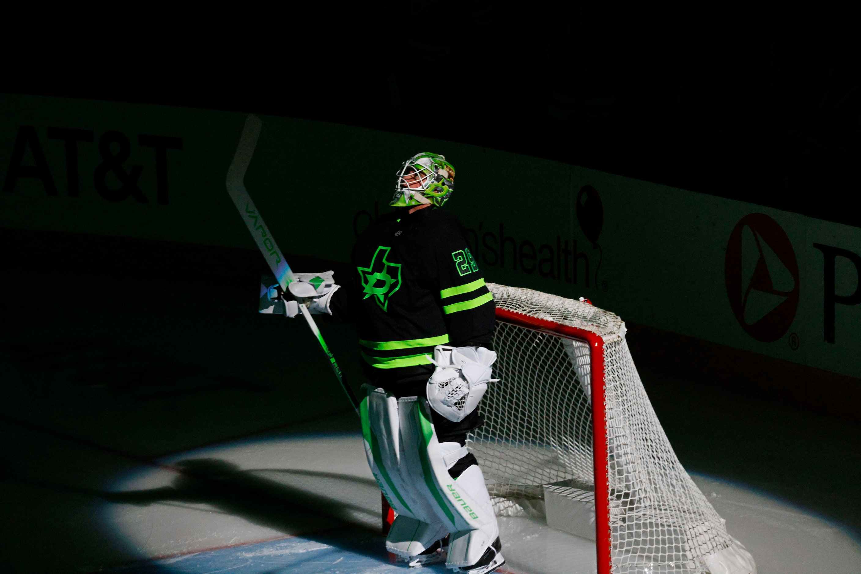 Dallas Stars goaltender Jake Oettinger (29) is seen before an NHL hockey game against the...