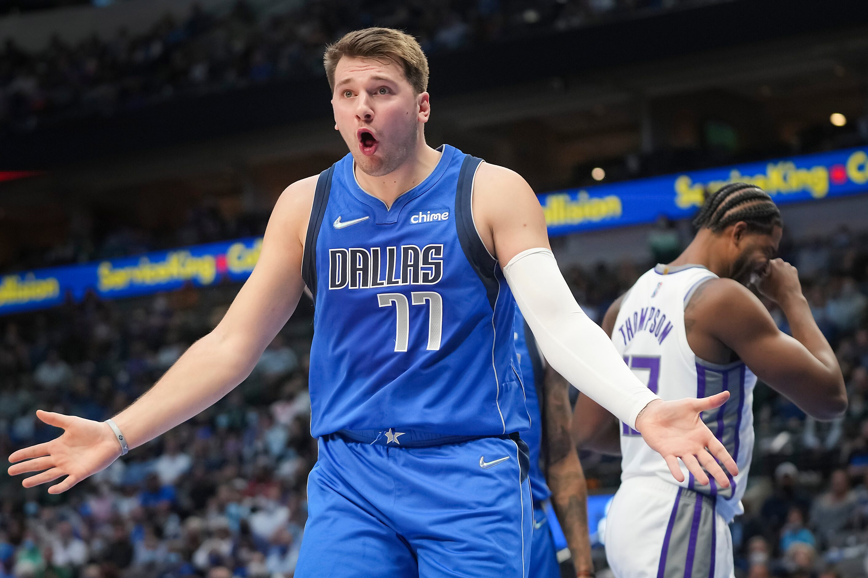 Dallas Mavericks guard Luka Doncic (77) argues for a call during the first half of an NBA...