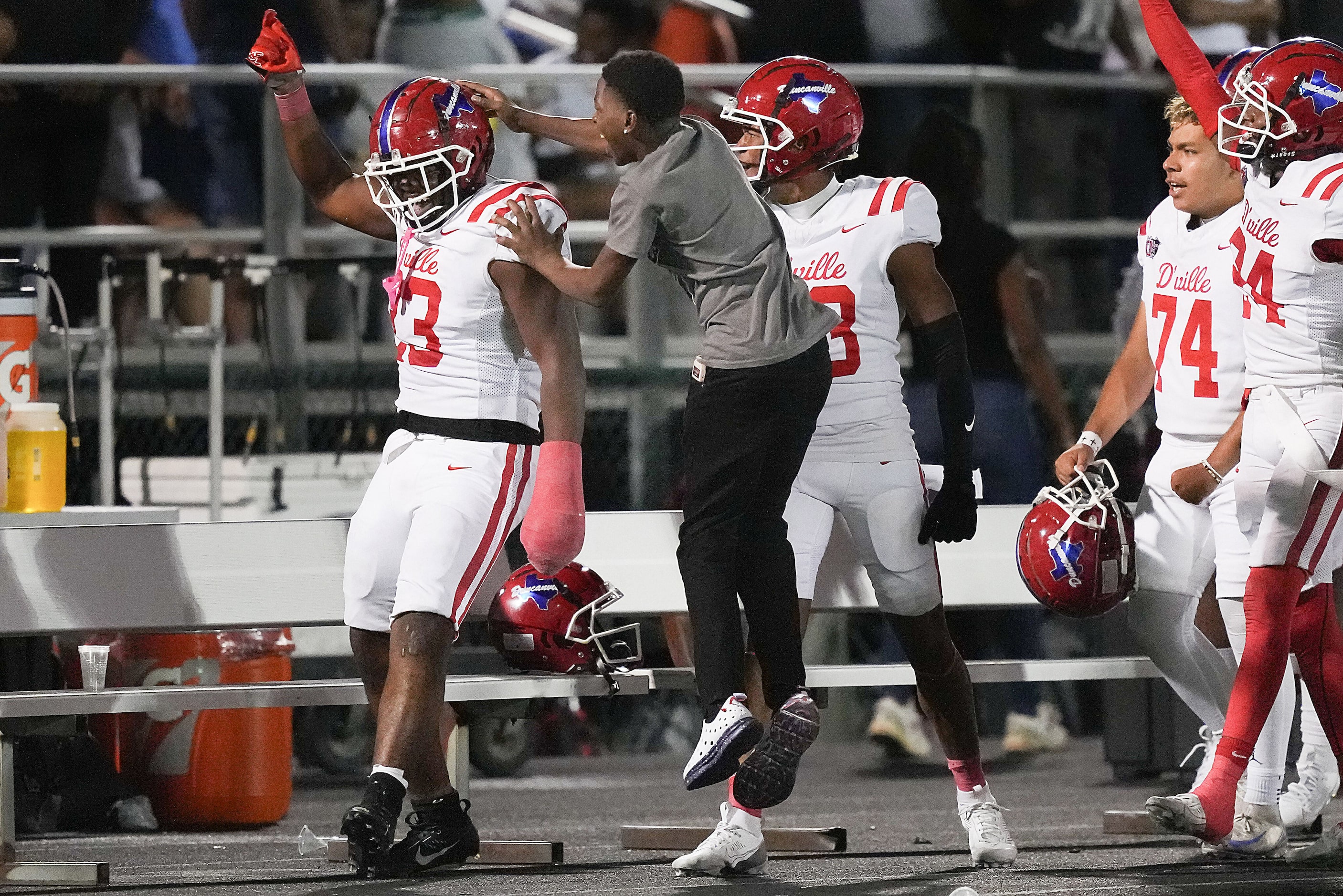 Duncanville linebacker Jaylyn Manning (33) celebrates after intercepting a pass during the...