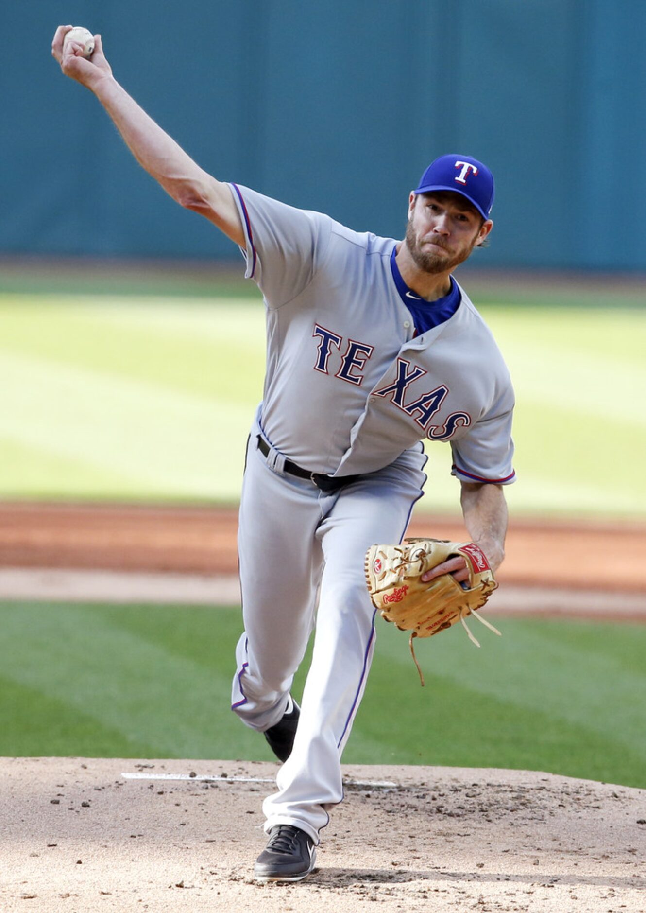 CLEVELAND, OH - MAY 01: Starting pitcher Doug Fister #38 of the Texas Rangers pitches...