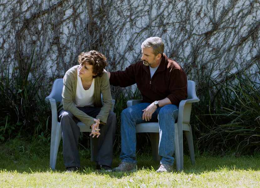Timothee Chalamet, left, and Steve Carell in a scene from "Beautiful Boy" 