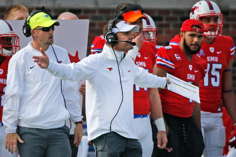 SMU head coach Chad Morris is pictured on the sidelines in the first quarter during the...