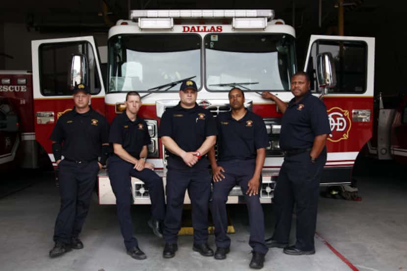 Dallas firefighters (from left) Derick Brouhard, Shane Farmer, Eric Talamantez, James...