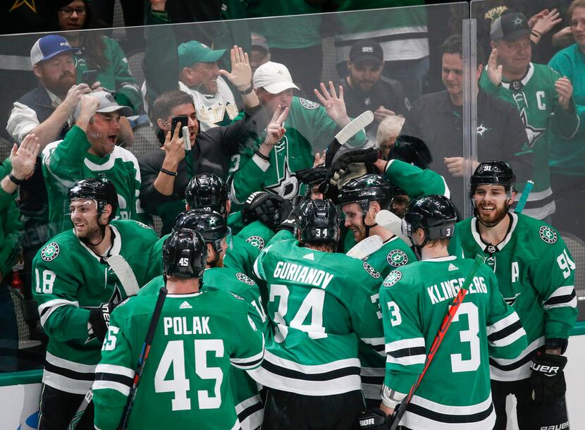 FILE - The Stars celebrate an overtime win over the Tampa Bay Lightning on Monday, Jan. 27,...