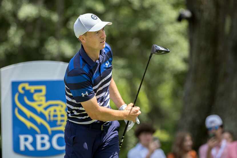 Jordan Spieth watches his drive off the third tee during the final round of the RBC Heritage...