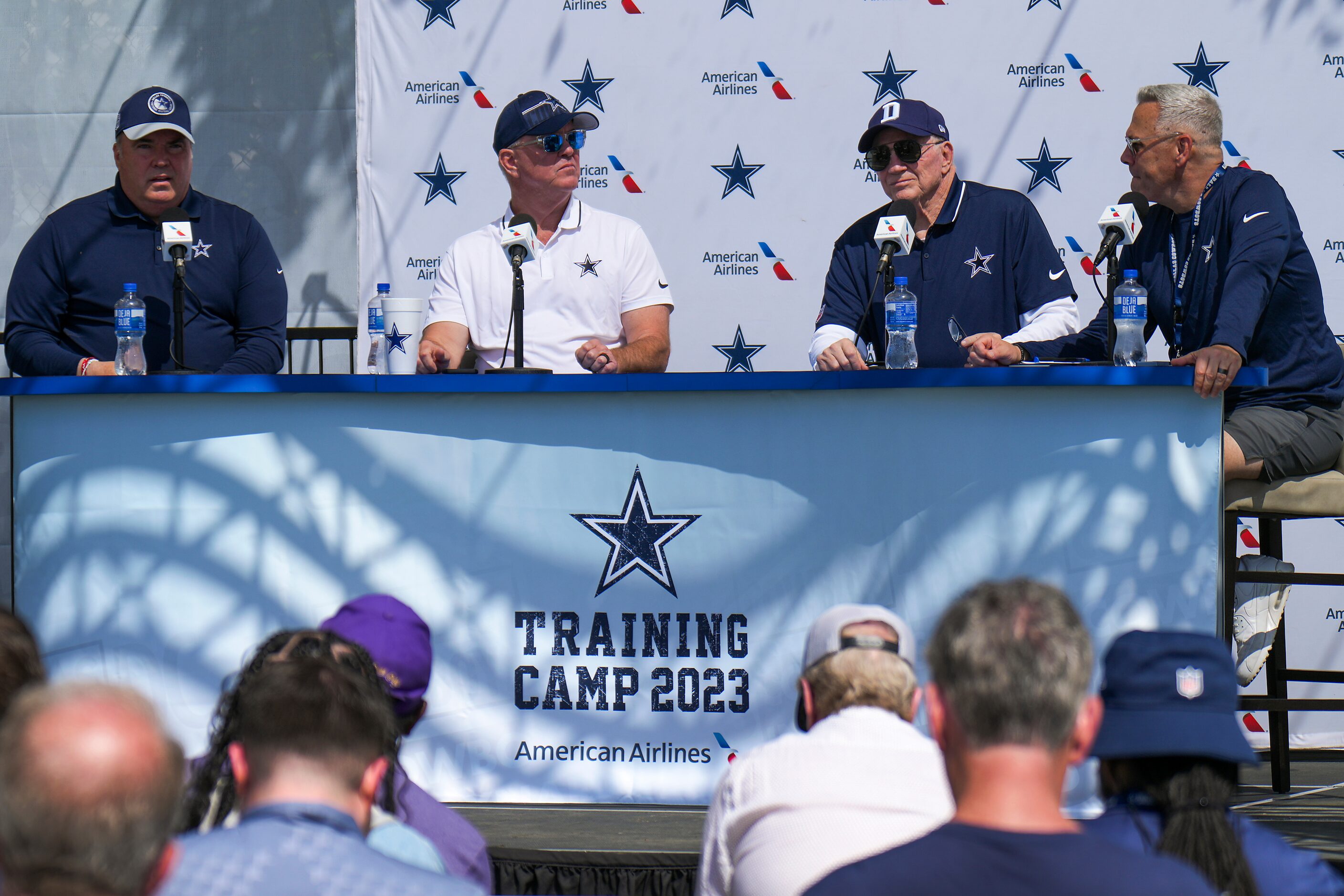 From left, Dallas Cowboys head coach Mike McCarthy, executive vice president Stephen Jones,...