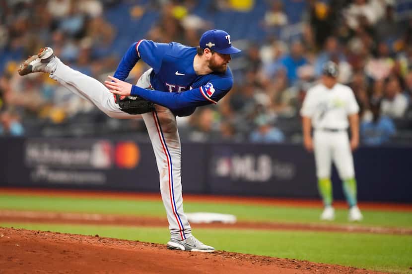 Texas Rangers starting pitcher Jordan Montgomery delivers during the fourth inning of an...