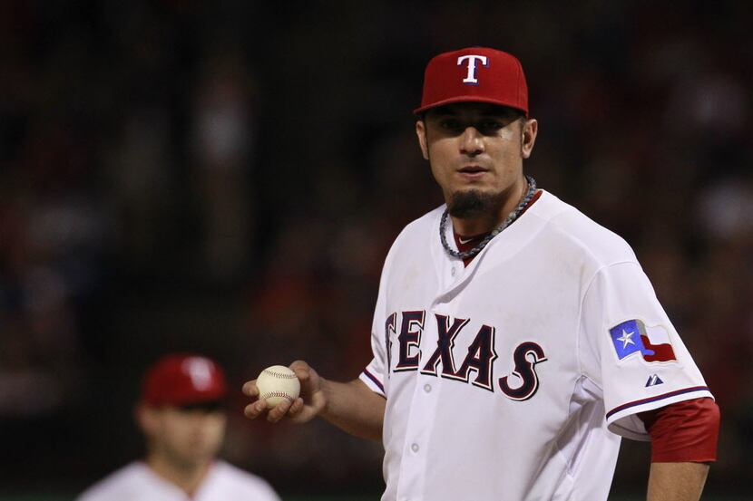 Texas Rangers starting pitcher Matt Garza (22) in the sixth inning of MLB Baseball action...