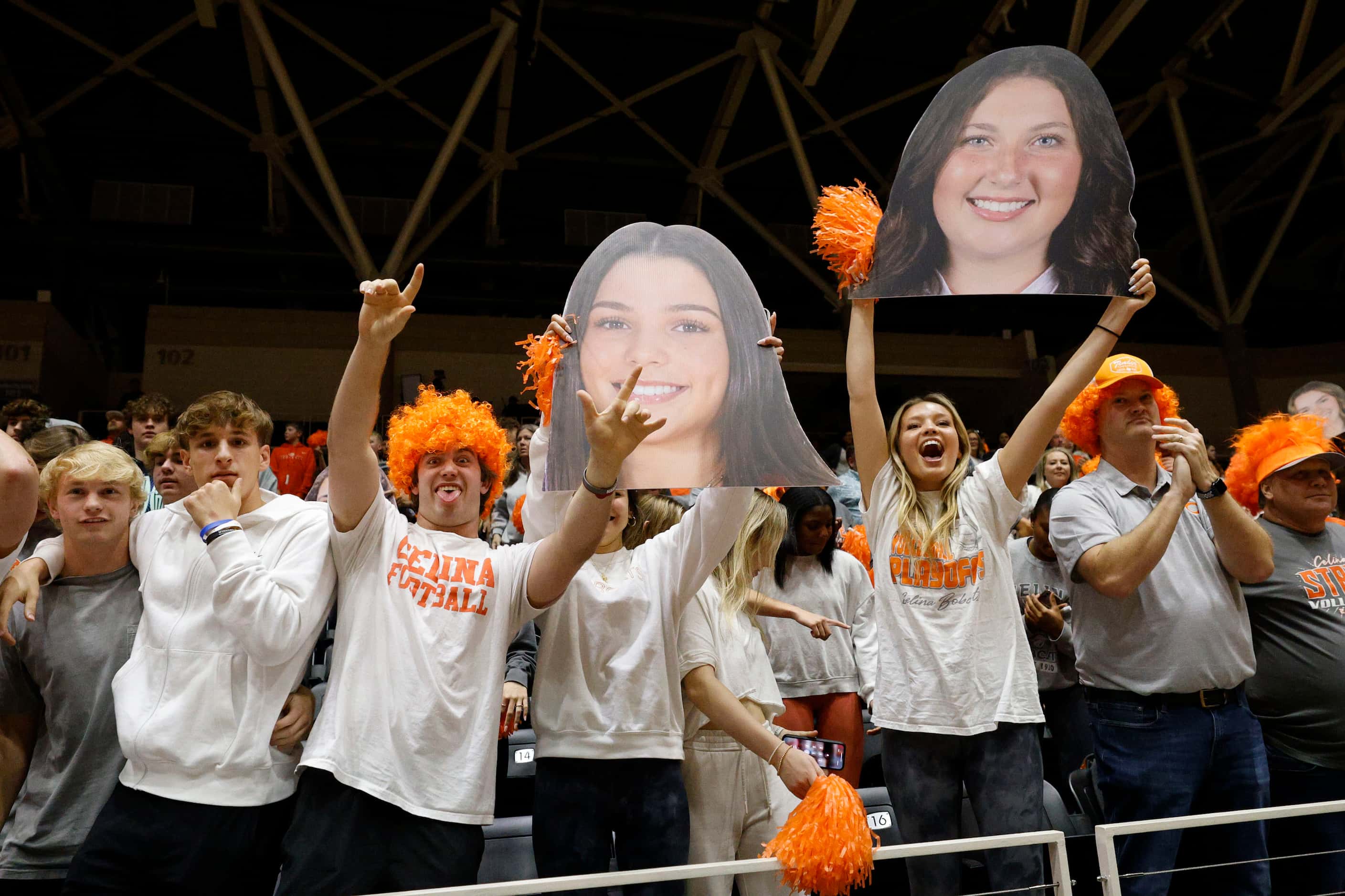 Celina fans cheer before a UIL class 4A volleyball state semifinal against Comal Davenport,...