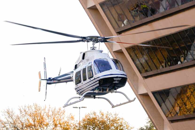 The Dallas Police Department’s newly acquired helicopter lands at City Hall on Wednesday.