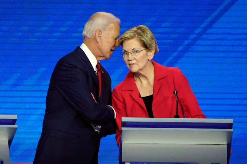 Democratic presidential candidates former Vice President Joe Biden, left, and Sen. Elizabeth...