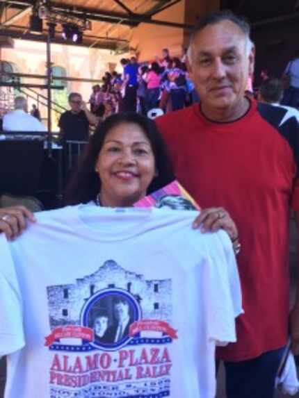  Jeanette Flores, a longtime fan of the Clintons, shows off a T shirt from a 1996 Clinton...
