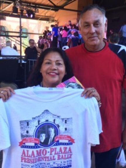  Jeanette Flores, a longtime fan of the Clintons, shows off a T shirt from a 1996 Clinton...