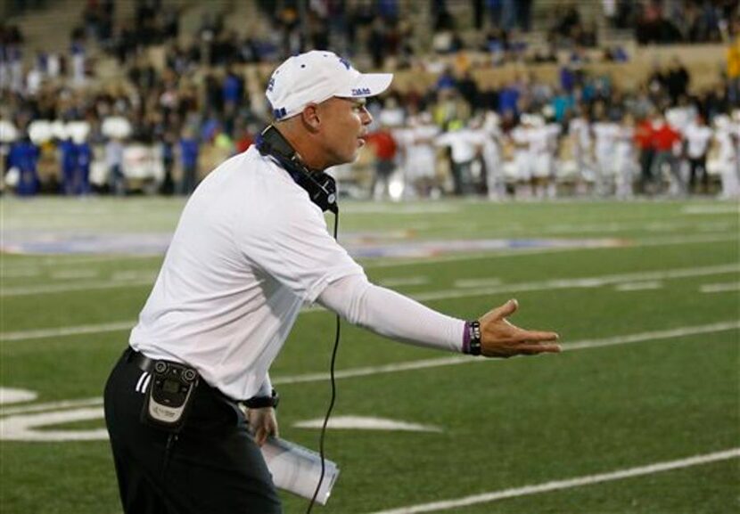 Tulsa head coach Philip Montgomery gestures to an official in the fourth quarter of an NCAA...