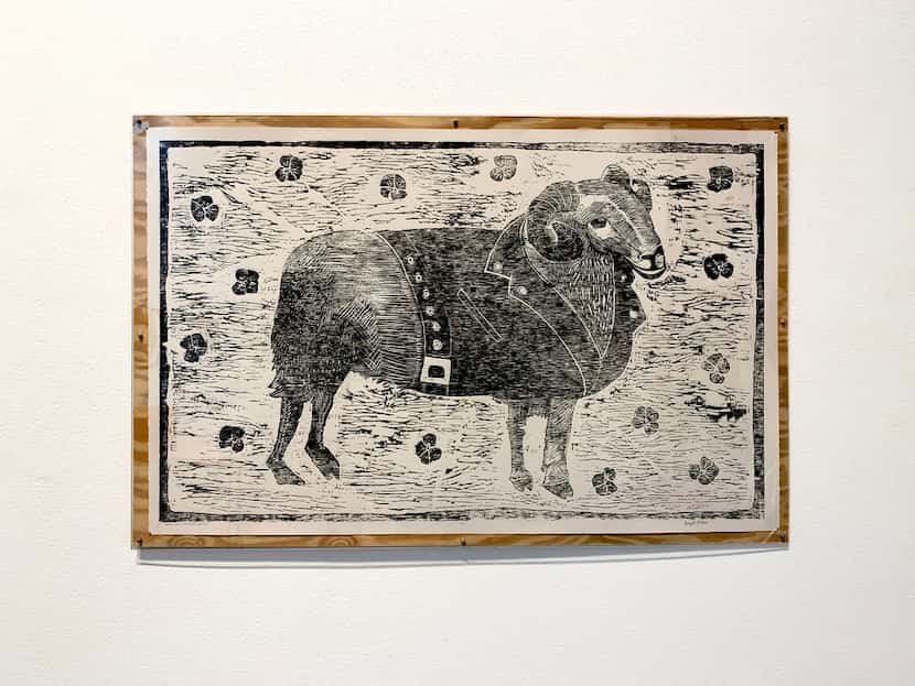 Angela Faz's Black Ram With Pansies, a 2019 relief woodcut carved from plywood, references...