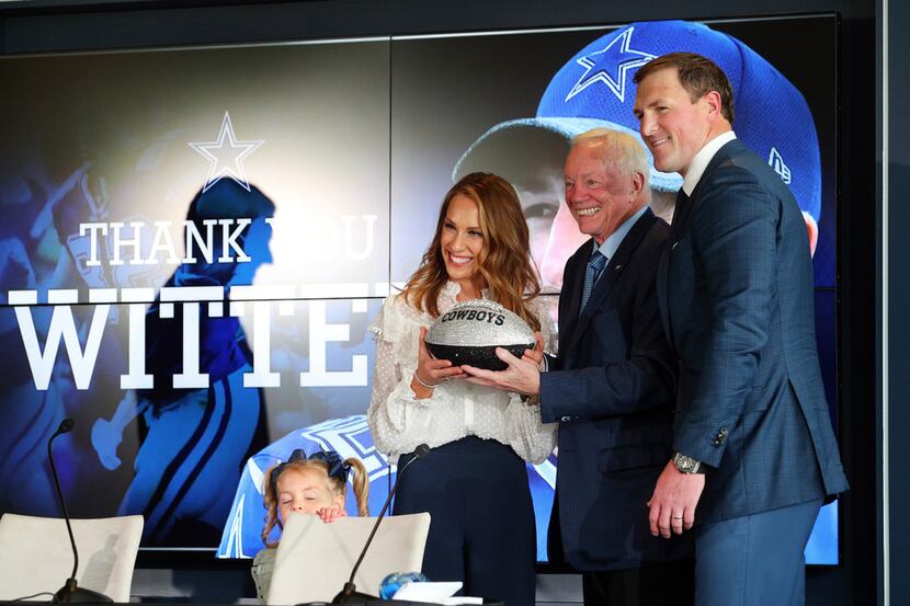 Retiring Dallas Cowboys tight end Jason Witten, right and his wife Michelle, left, are...