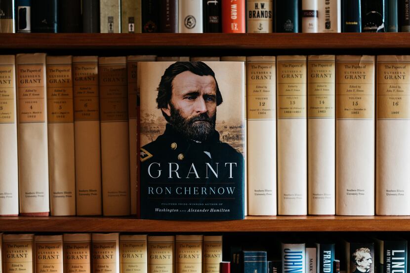 Ron Chernow's 32-volume collection of Ulysses S. Grant papers lines a bookshelf in his office. 