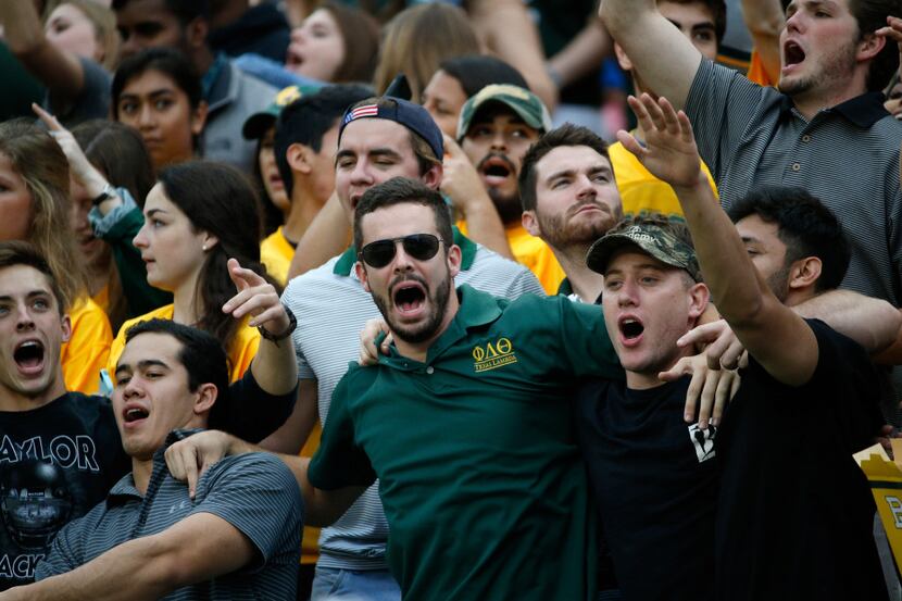 Baylor Bears fans sing during their game against TCU Horned Frogs at McLane Stadium in Waco,...